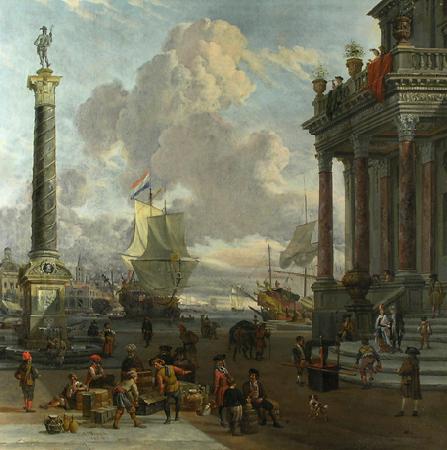 Abraham Storck Southern harbour scene with merchants